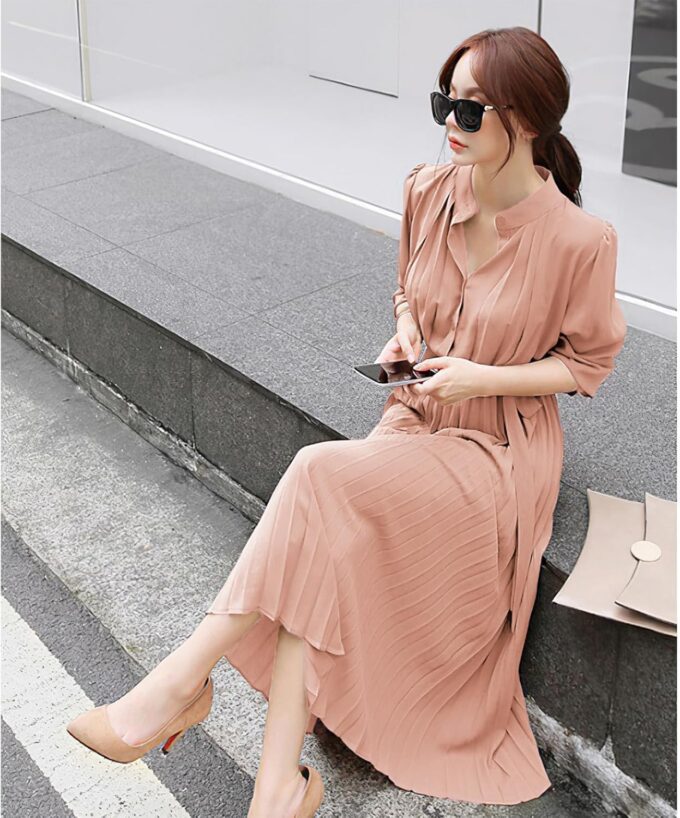 Womens Pleated Long Sleeve Loose Dress Casual Maxi Dresses with Tie Waist – Bild 4