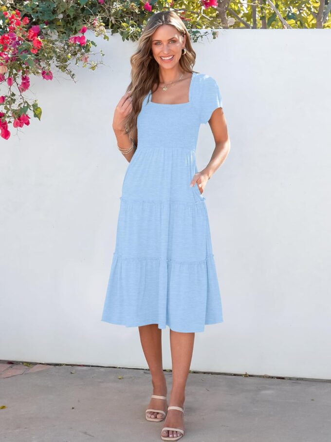 ANRABESS Women Summer Casual Square Neck Flutter Sleeve Boho Smocked A-Line Flowy Tiered Modest Midi Sun Dress with Pockets – Bild 6