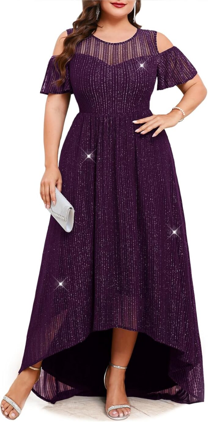 ZOMVA Plus Size Sparkly Mesh Maxi Dress Cold Shoulder Ruffle Sleeve High Low A Line Gown Wedding Guest Cocktail Party
