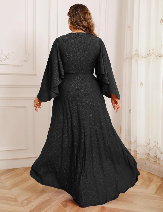 ZOMVA Plus Size 0X-4X Sparkly Glitter Formal Maxi A Line Dress Sparkle Wrap Handkerchief Sleeve Prom Cocktail Evening Gown – Bild 3