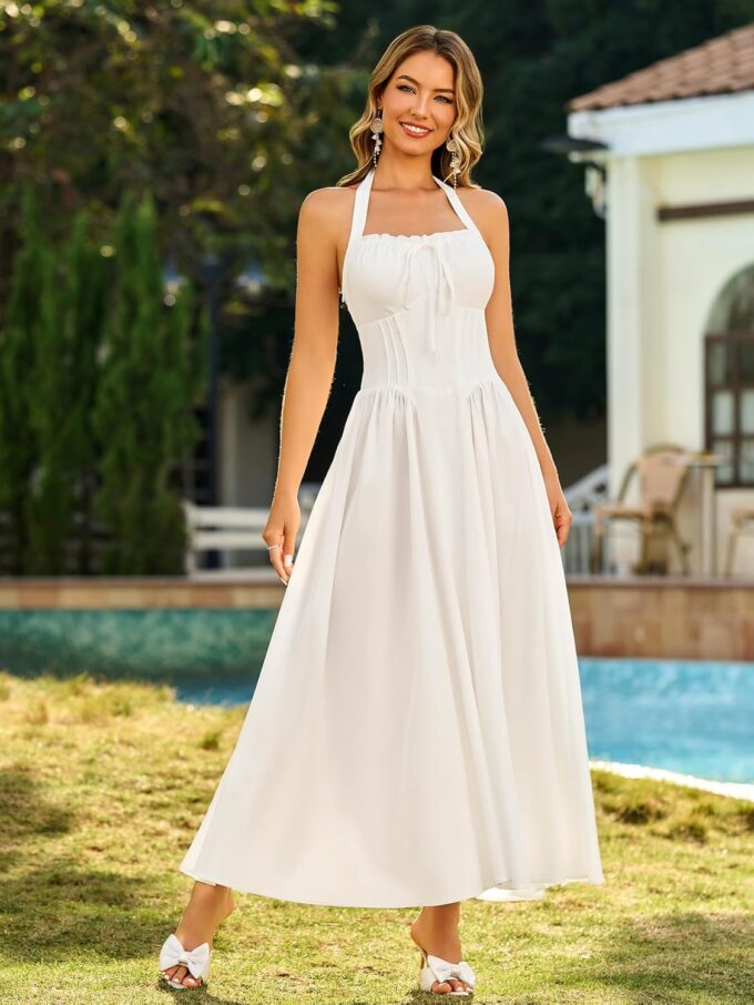 KUTUMAI Summer Floral Corset Midi Dress Halter Smocked Sundress Flowy A Line Beach Wedding Guest Dresses for Women 2025 – Bild 4