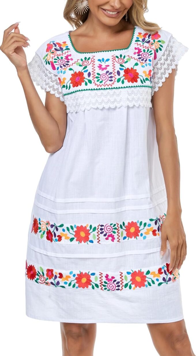 YZXDORWJ Women Embroidered Mexican Peasent Lace Short Sleeves Dress