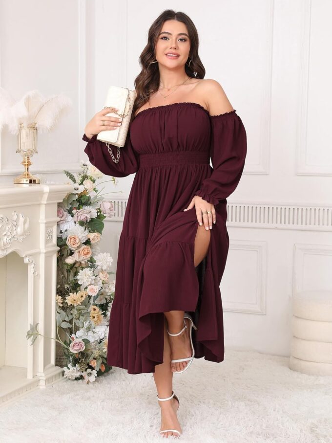 Women's Plus Size Maxi Dress Boho Off Shoulder Long Sleeve Smocked High Waist Side Split Flowy A Line Tiered Summer Dress – Bild 3