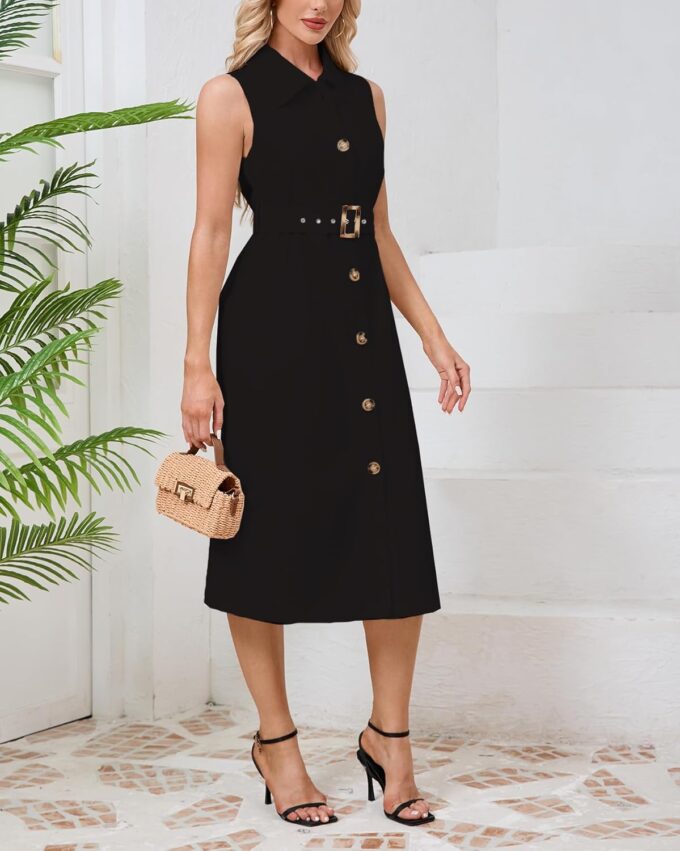 Women's Button Down Shirt Dress Sleeveless Collared A-line Maxi Dress with Belt – Bild 2