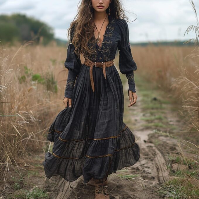 Women's Vintage Western Maxi Dress Fall Casual Loose Long Sleeve V Neck Country Flowy Dress Flower Long Dress – Bild 2
