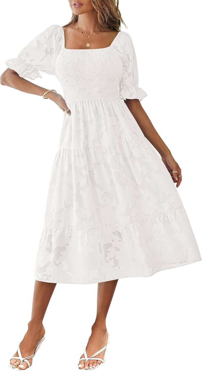 MEROKEETY Womens 2025 Summer Short Puff Sleeve Smocked Square Neck Floral Textured Tiered Midi Dress
