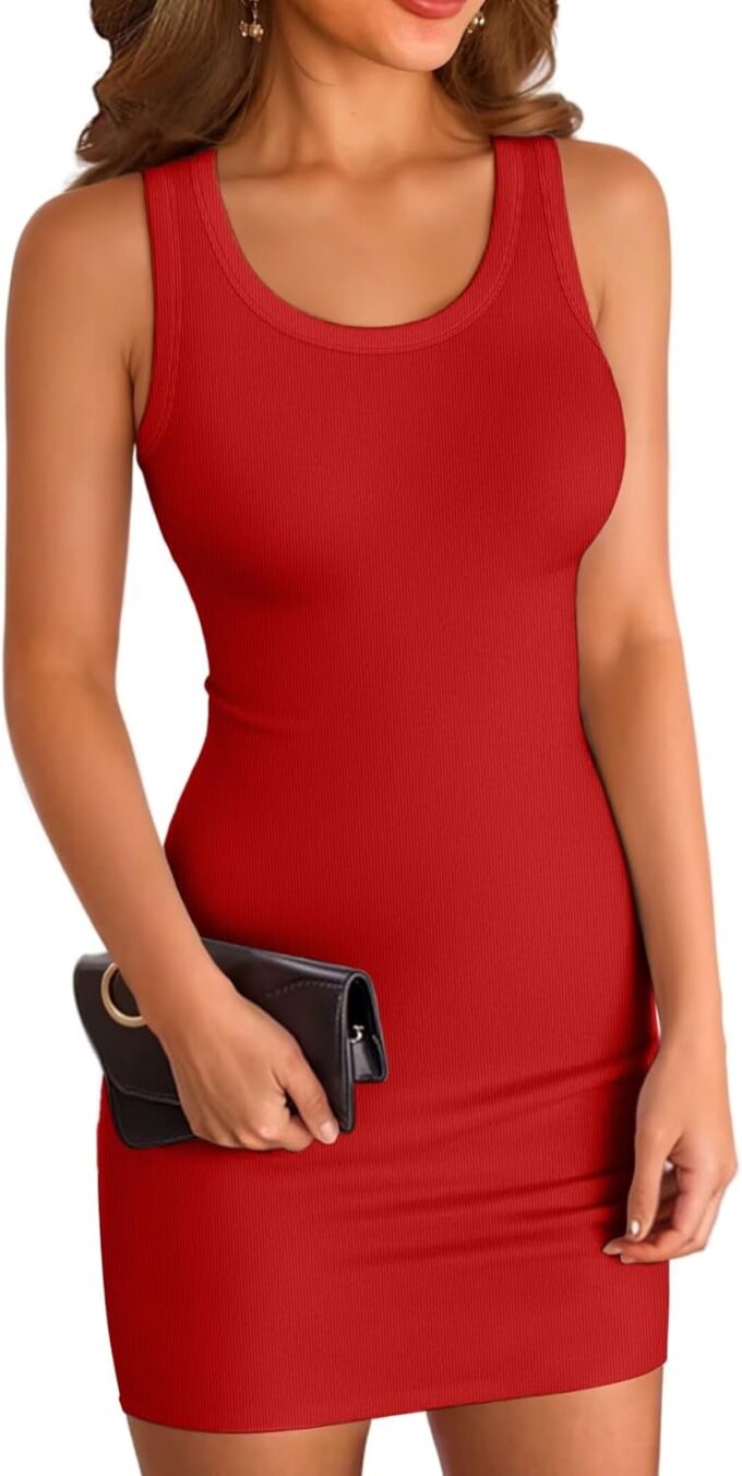 VICHYIE Womens Summer Tank Dress Scoop Neck Ribbed Sleeveless Bodycon Mini Slim Fitted Pencil Dresses