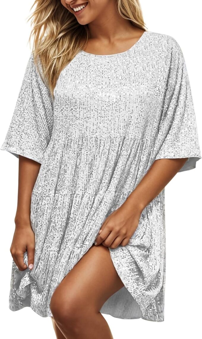 MAYSTEPPE Sparkly Glitter Dress, Sequin Babydoll Summer Dress Short Flowy Tiered Tunic Dress for Women Party Club Night