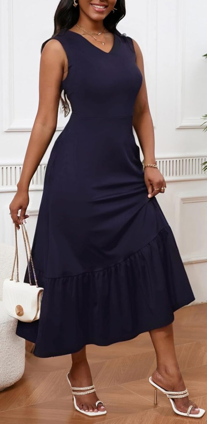 HipGlamp Womens Casual Summer Midi Dress Sleeveless V Neck Tiered A-line Beach Vacation Dreses with Pockets – Bild 5