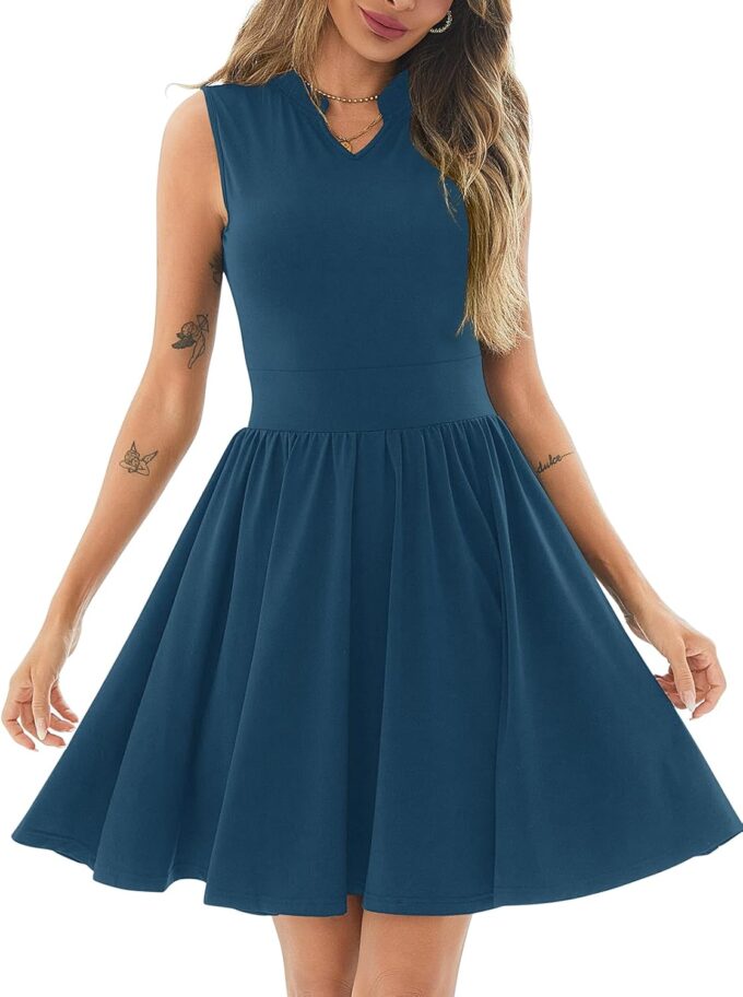 PerZeal Sommerkleider für Damen, Rundhalsausschnitt, lässig, plissiert, Rüschensaum, ärmellos, Tank-Midikleid