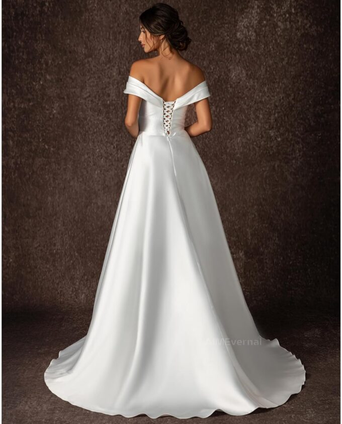 Woman Wedding Dress with Pockets，Off-Shoulder Bride Wedding Dress Shiny Satin Elegant Royal Style Simple Wedding Gown – Bild 4