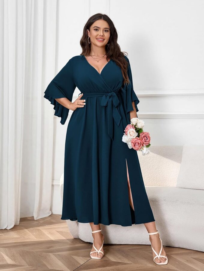 Womens Plus Size Dress Wedding Guest Cocktail Ruffle Half Sleeve Wrap V Neck Slit A Line Maxi Dresses with Belt – Bild 2