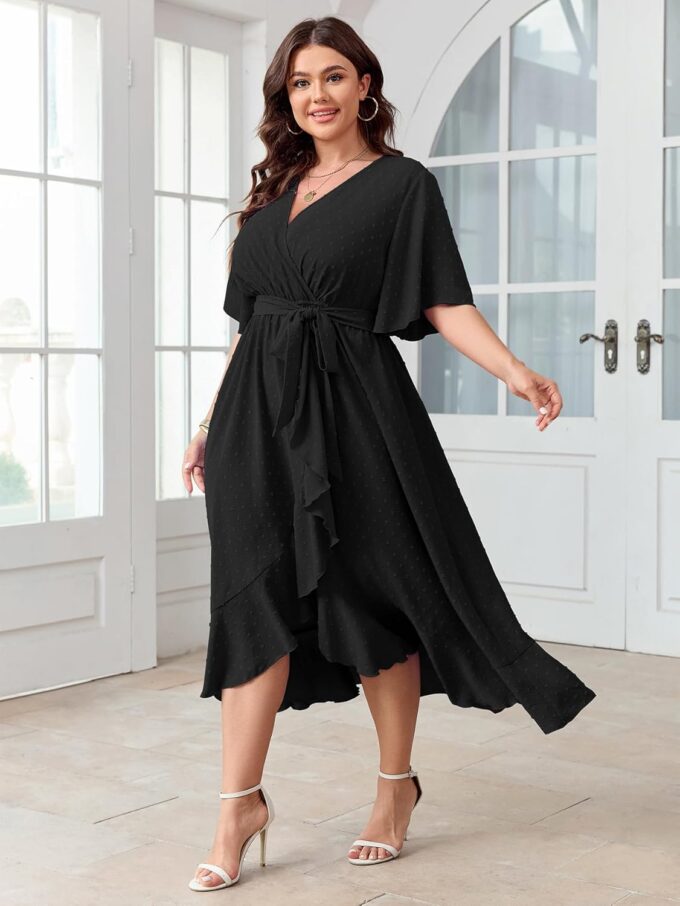 SCOMCHIC Women's Plus Size Summer Dresses Short Sleeve Wrap V Neck Swiss Dot Boho High Low Split Ruffle Maxi Dress – Bild 6