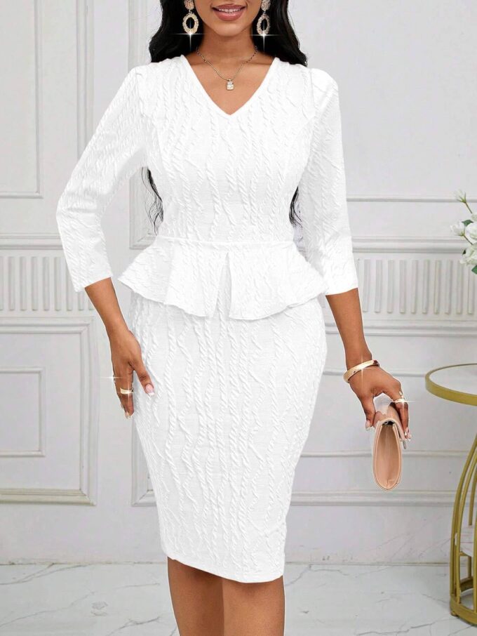 Runwind Schößchen-Kleid für Damen, V-Ausschnitt, 3/4-Ärmel, für die Arbeit, Midi-Kirchenkleider, elegante Bleistiftkleider – Bild 3