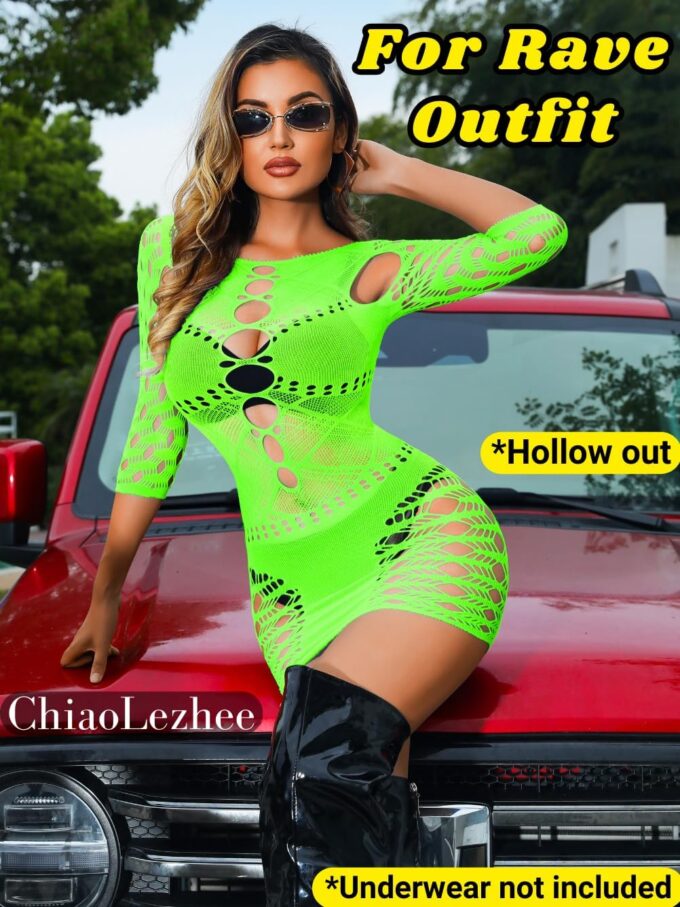 Rave Glow Party Outfits, Sheer Mesh Mini Dress, Size Fits 0-12 – Bild 5