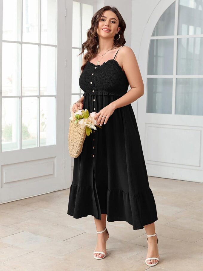 SCOMCHIC Womens Plus Size Summer Dresses Sleeveless Spaghetti Strap Button Down Smocked Beach Long Maxi Dress with Slit – Bild 6