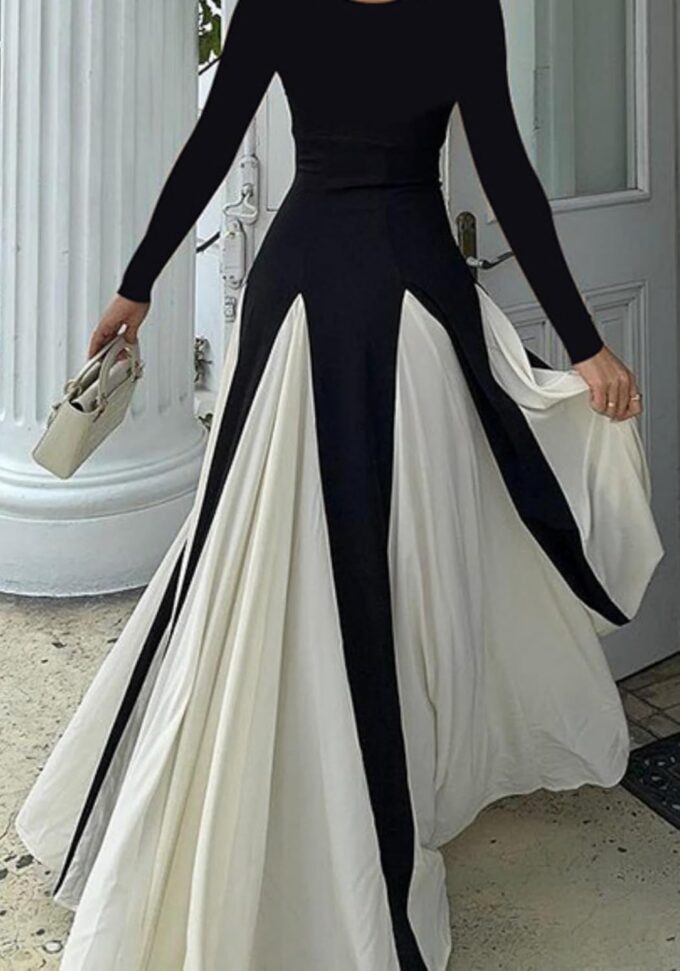 Unybwonn Wedding Guest Dresses for Women Elegant Patchwork Pleated Swing Long Dress Color Block Formal Flowy Maxi Dress – Bild 5