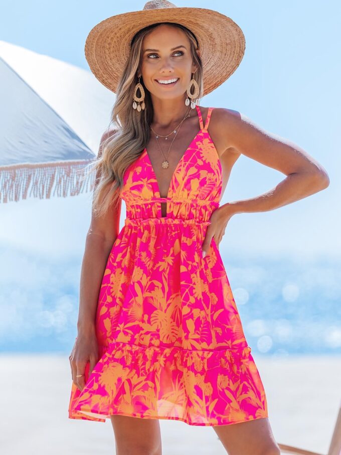 popvil Women Summer Floral Print Cut Out Sleeveless V Neck Beach Midi Dress – Bild 7