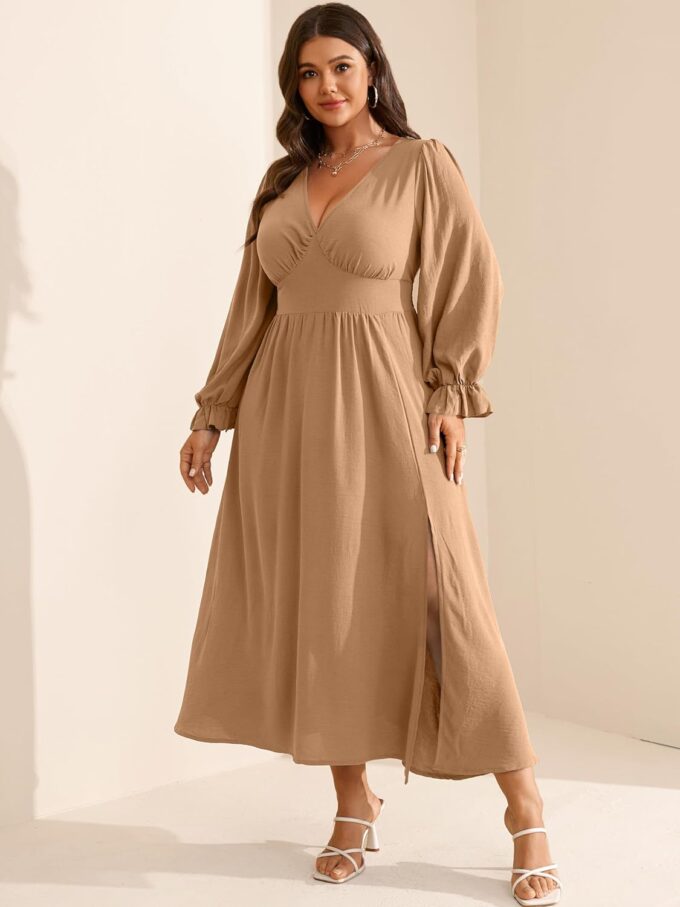 RWJ Plus Size Wedding Guest Dress for Women Deep V Neck Long Sleeve High Waist Slit Formal Cocktail Party Fall Maxi Dresses – Bild 7
