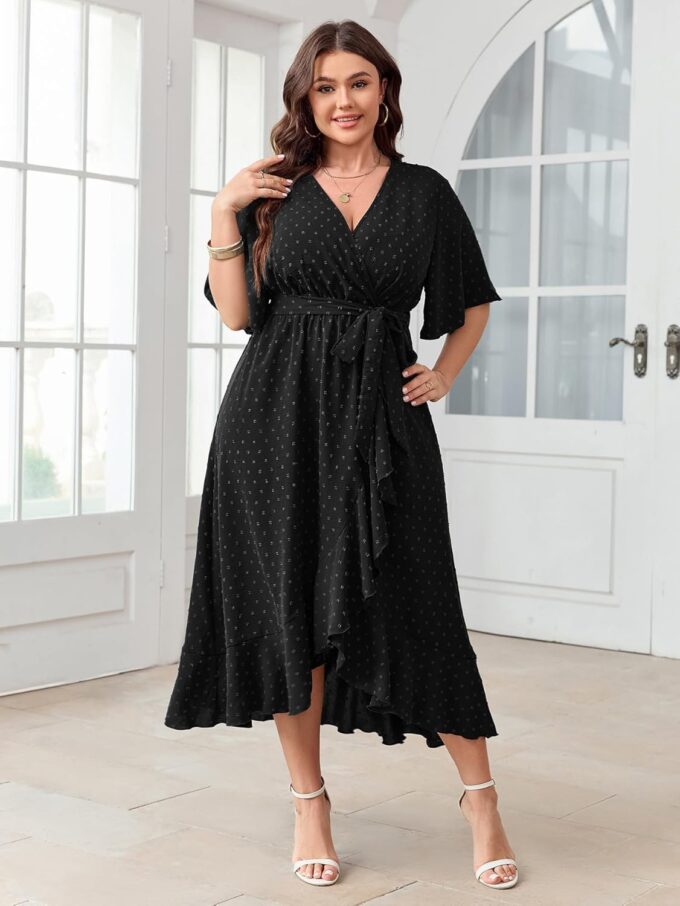 SCOMCHIC Women's Plus Size Summer Dresses Short Sleeve Wrap V Neck Swiss Dot Boho High Low Split Ruffle Maxi Dress – Bild 5