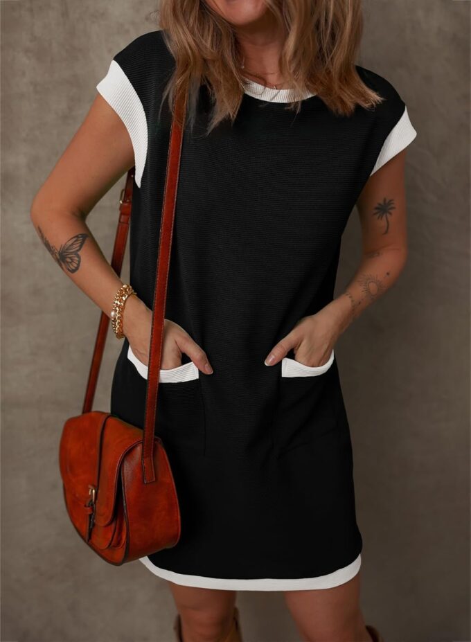 Dokotoo Women's Casual Summer Dresses Fashion Cap Sleeve Color Block Crewneck Shift Tshirt Mini Dress – Bild 2