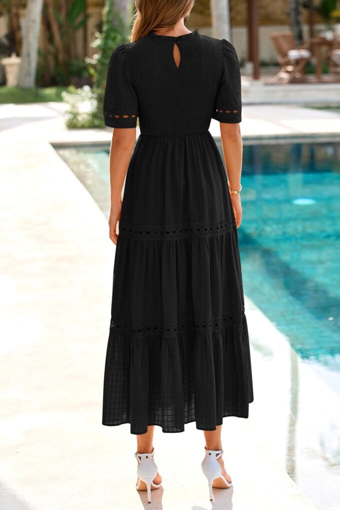 dowerme Summer Dresses for Women 2025 Casual Boho Hollow Out Short Sleeve Ruffle Mock Neck Smocked Maxi Gingham Sundress – Bild 5