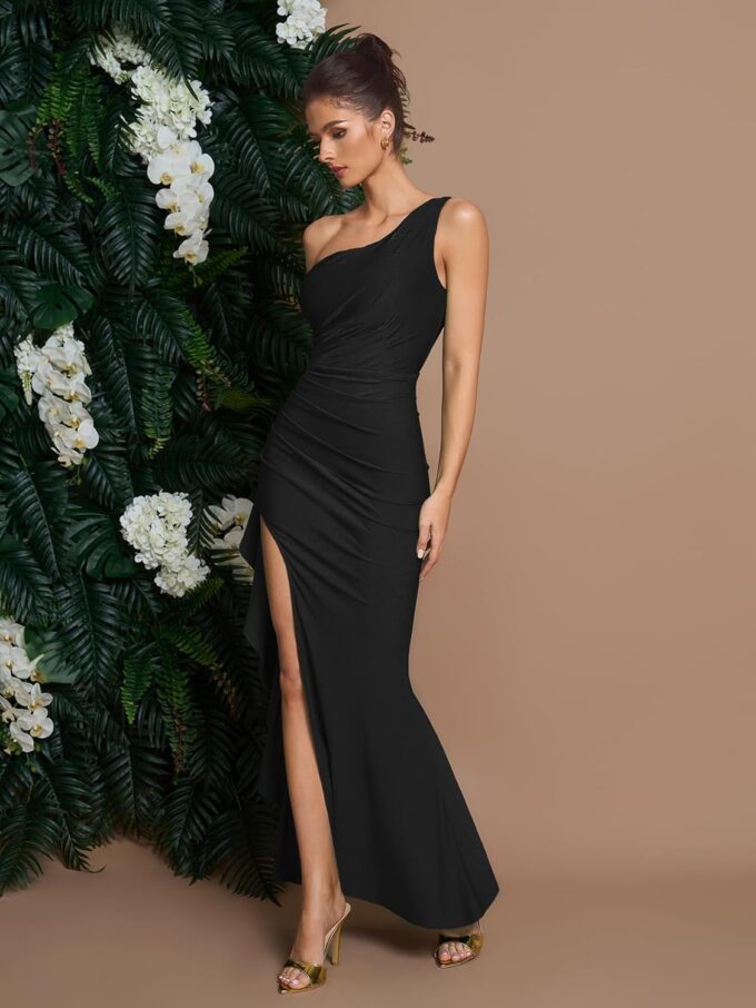 Women's Cocktail Dresses Elegant Black One - Shoulder Pleated Slit Evening Dresses for Wedding Guest – Bild 7