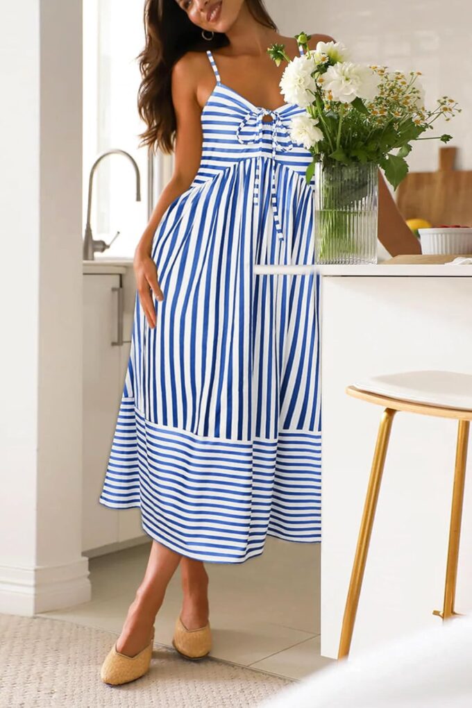 Fashionme Womens Summer Maxi Dresses 2025 Trendy Striped Vacation Boho Beach Spaghetti Strap Sundress Back Tie with Pockets – Bild 5