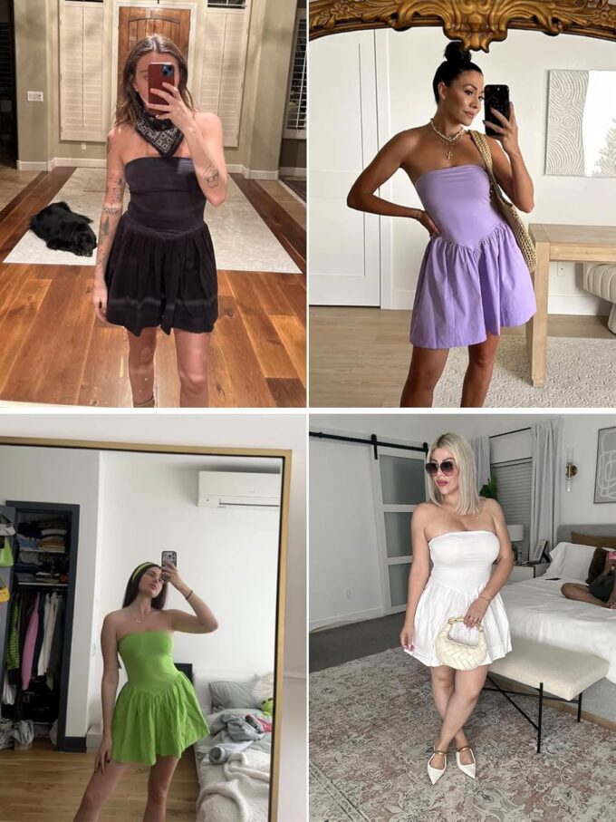 Summer Solid Strapless Mini Dress for Women Tube Top Dresses Patchwork Pleated Drop Waist Flared Beach Dress – Bild 6