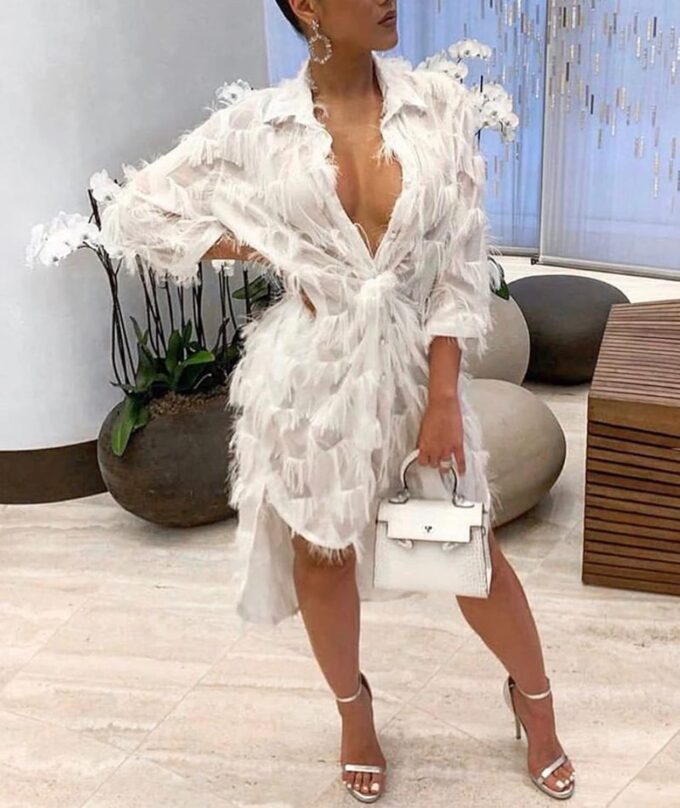 xxxiticat Women's Faux Feather Mini Dress Quarter Sleeve Deep V-Neck Low Cut Asymmetric Fringe Tassel Shirt Blouse Dress – Bild 2