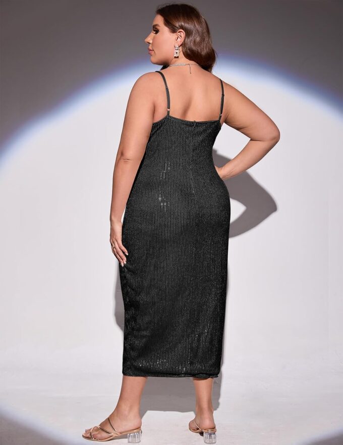 ZOMVA 2023 Plus Size Satin Kleid 1X-4X Geraffte Wasserfallkragen Spaghettiträger Elegantes Midikleid Hochzeitsgast Cocktail – Bild 4