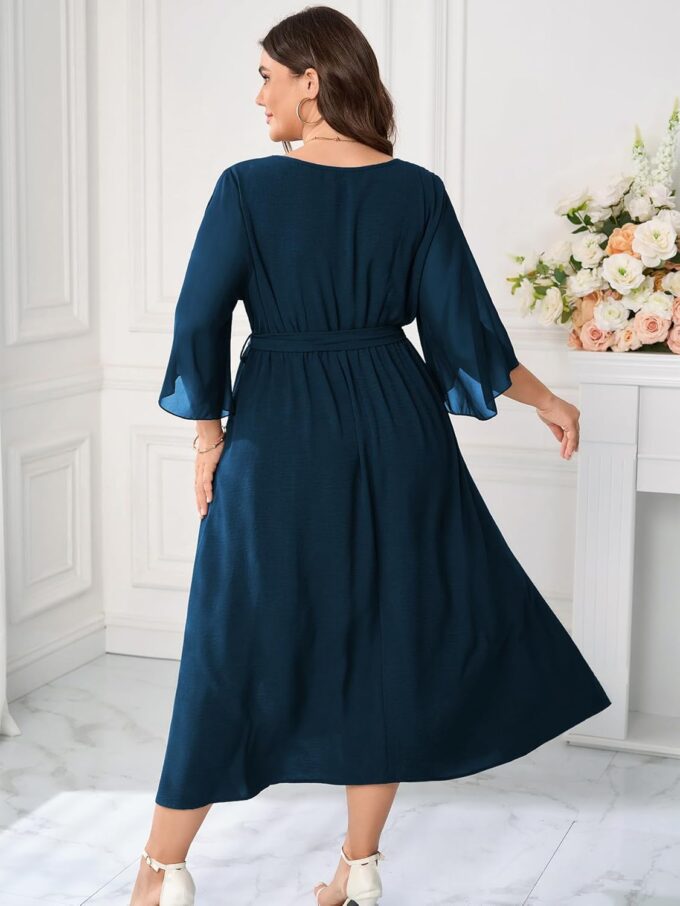Womens Plus Size Dress Wedding Guest Cocktail Chiffon 3/4 Sleeve V Neck Slit A Line Maxi Dress Formal with Belt – Bild 3