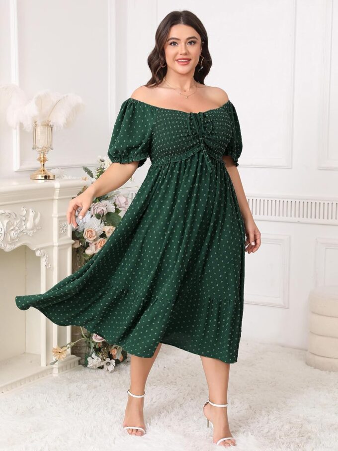 SCOMCHIC Women Plus Size Summer Dress Puff Short Sleeve Smocked Drawstring Ruffle Boho Swiss Dot Casual Midi Dresses – Bild 5