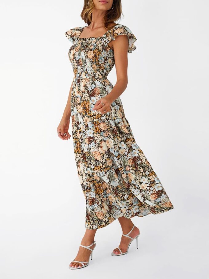 LILLUSORY Womens Square Neck Floral Ruffle Sleeve Maxi Dress 2025 Smocked Boho Vintage Sundress with Pockets – Bild 4