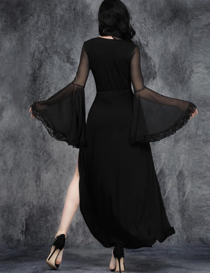 Women Gothic V Neck High Slit Witch Sleeve Lace Patchwork Ghost Bridal Goth Dress – Bild 3
