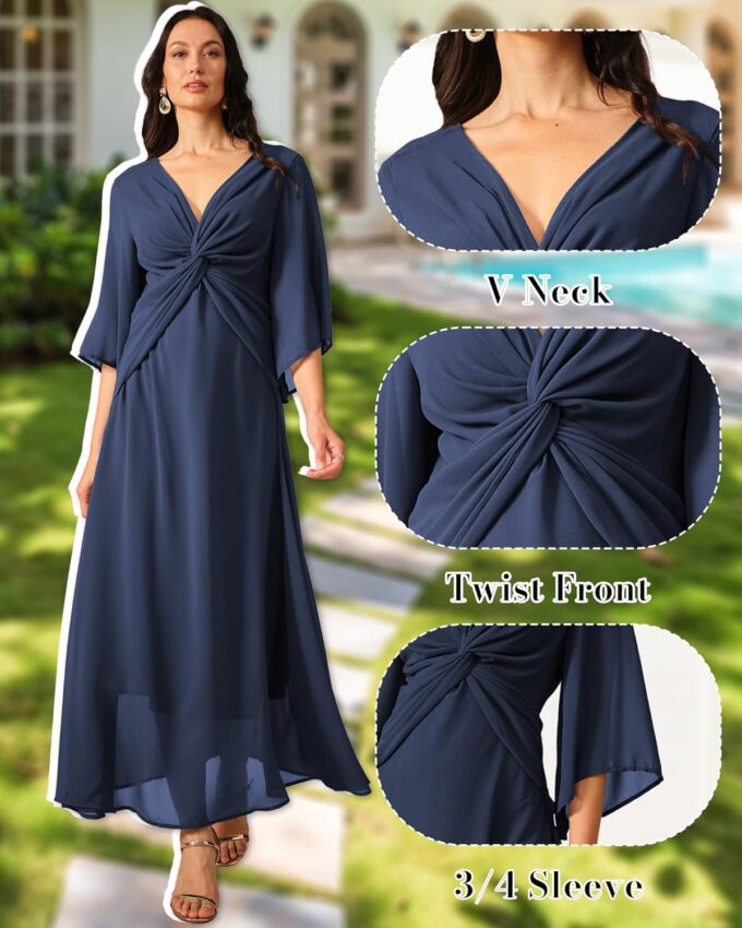 Women's Formal Cocktail Wedding Guest V Neck Long Chiffon Maxi Dresses A-Line 3/4 Sleeve Elegant Bridesmaids Dress – Bild 5