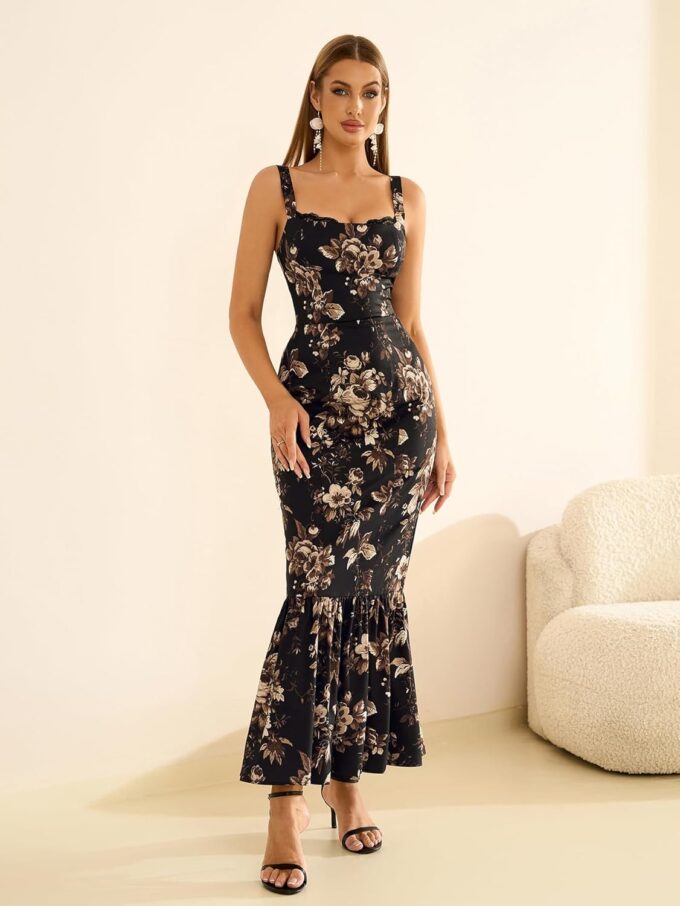 HTZMO Women Casual Summer Floral Maxi Dress Square Neck Boho Wedding Guest Elegant Long Sundress – Bild 4