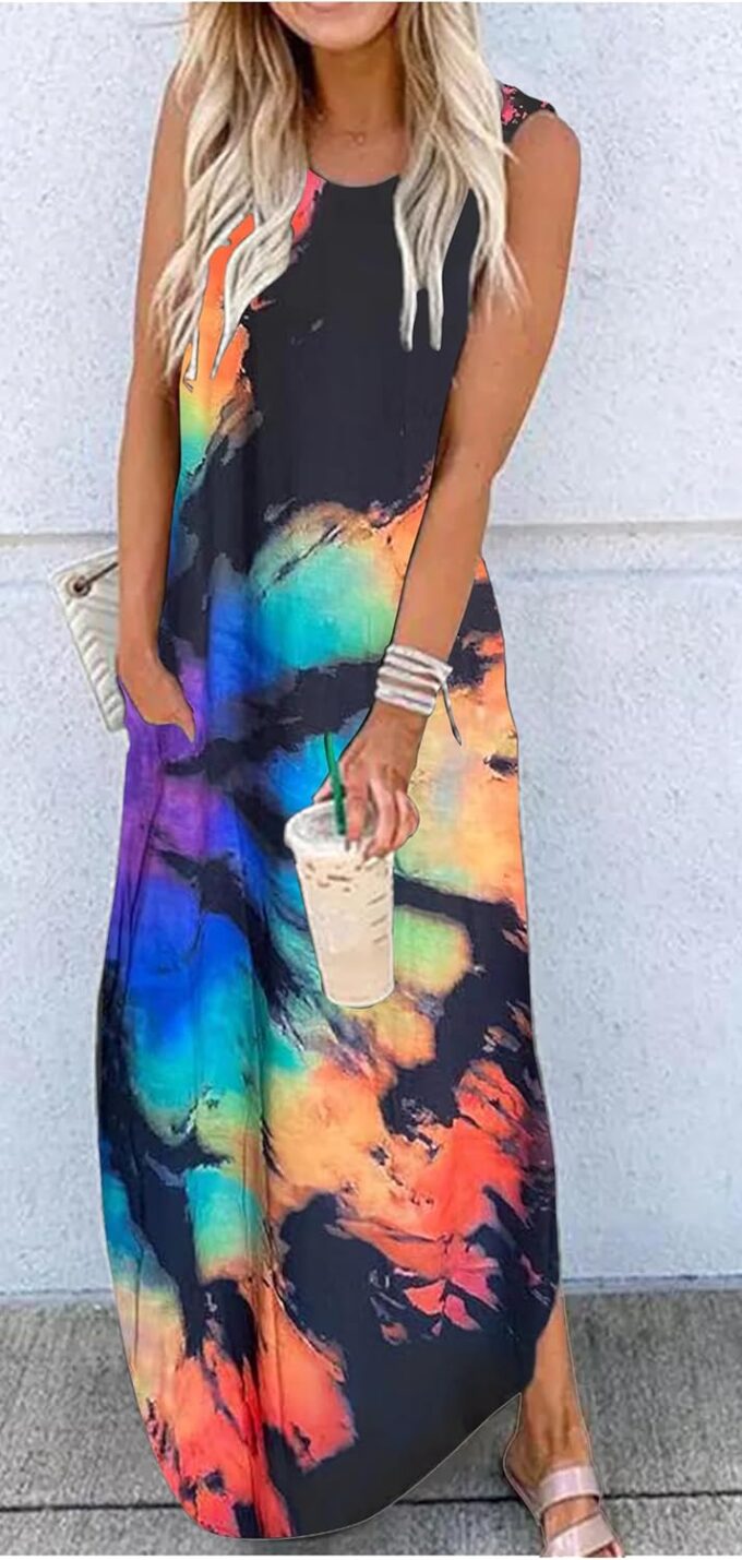 Women's Summer Beach Long Dress Sleeveless Maxi Dress with Pockets Hawaiian Beach Rainbow Graphics Tank Shirt Dresses – Bild 2