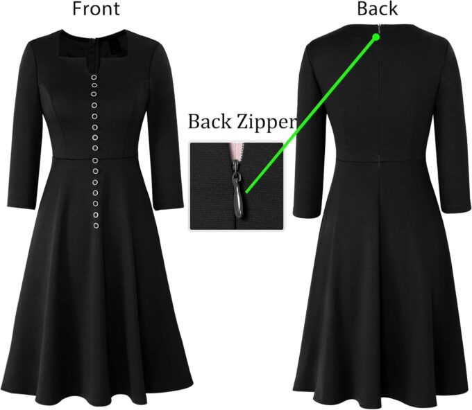 VFSHOW Damen Kleid mit quadratischem Ausschnitt, Kerben, Knöpfe, Businesskleidung, Arbeit, Büro, Taschen, schmale Passform und ausgestelltes A-Linien-Kleid – Bild 5