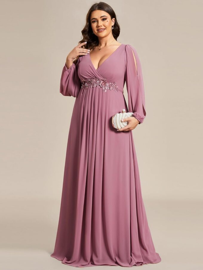 Ever-Pretty Plus Women's Floor Length V Neck Lantern Sleeves Floral Applique Plus Size Formal Dresses for Curvy Women – Bild 4