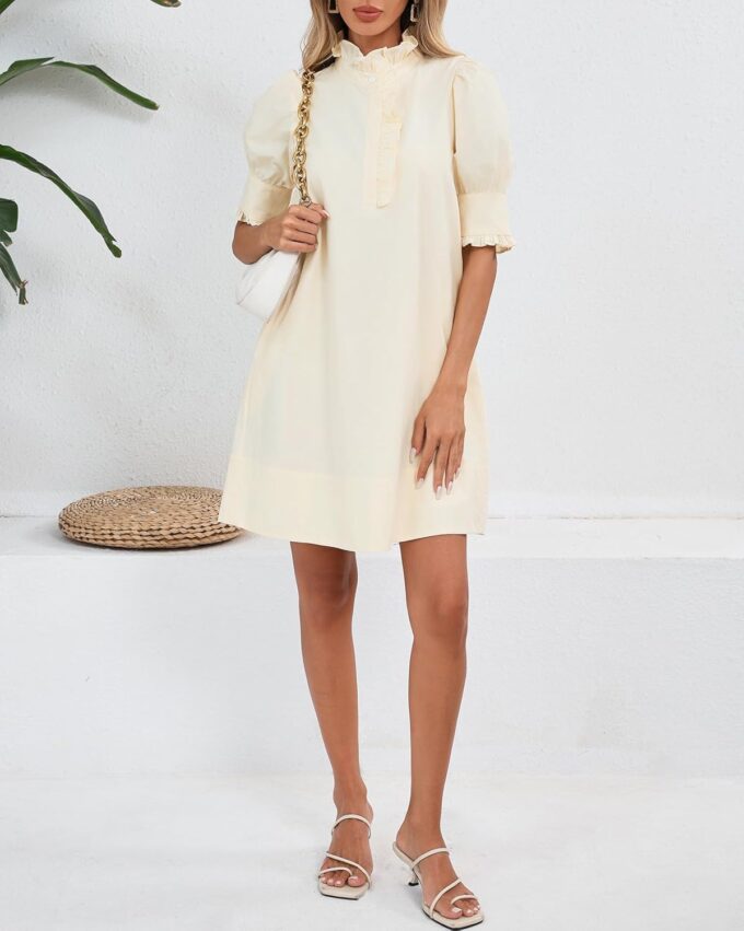 Women's Puff Short Sleeve Stand Ruffle Collar Summer Dress Casual A Line Shift Mini Dress with Pockets – Bild 3