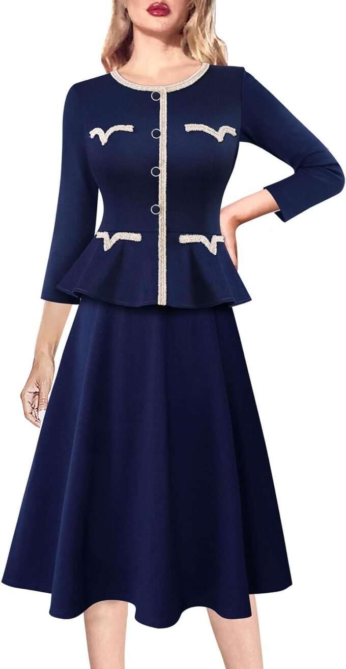 VFSHOW Damenkleid, 2024, für Herbst und Arbeit, Business, Knöpfe, Schößchen, Büro, schlankmachend, Rundhalsausschnitt, Patchwork, A-Linie, ausgestelltes Kleid