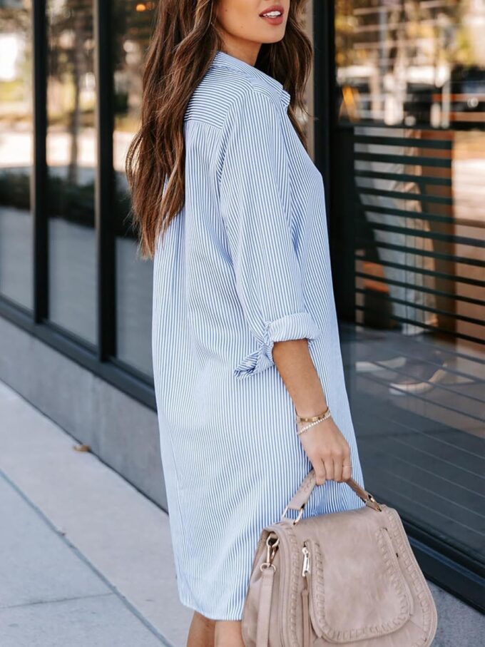 Womens Button Down Shirt Dresses with Pockets Cotton Striped Shirts Collared Tunics Long Sleeve High Low Blouse Tops – Bild 3