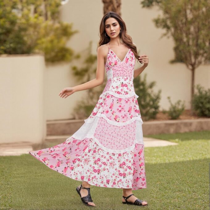 Women Floral Flowy Maxi Dress Lace Patchwork Boho Y2K Long Dress Cute Spaghetti Strap V Neck Low Cut Beach Sundress – Bild 7