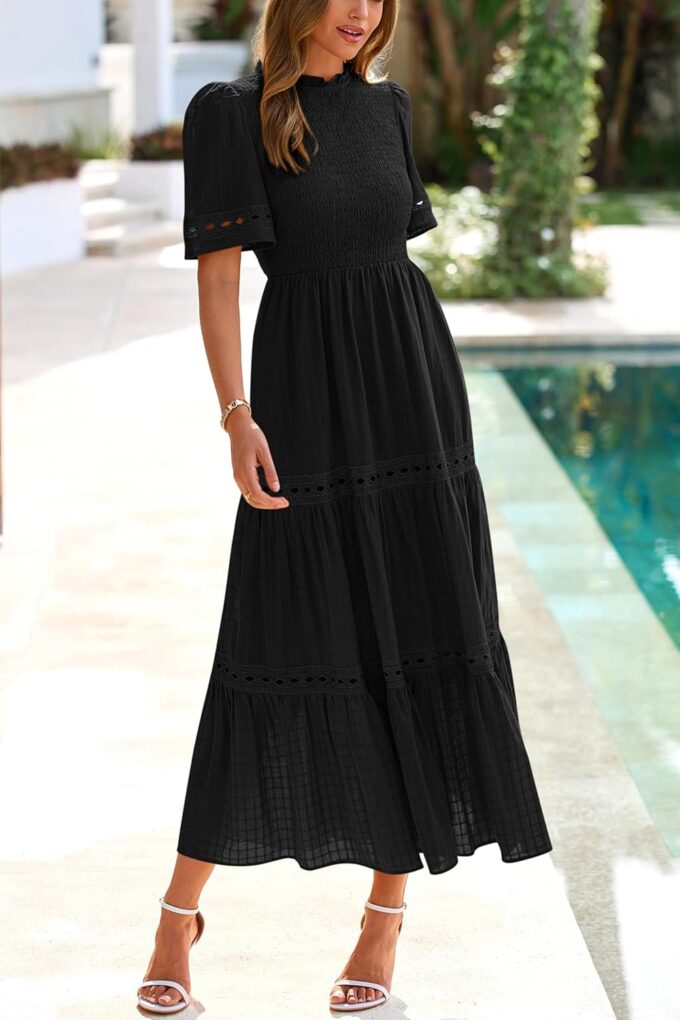 dowerme Summer Dresses for Women 2025 Casual Boho Hollow Out Short Sleeve Ruffle Mock Neck Smocked Maxi Gingham Sundress – Bild 9