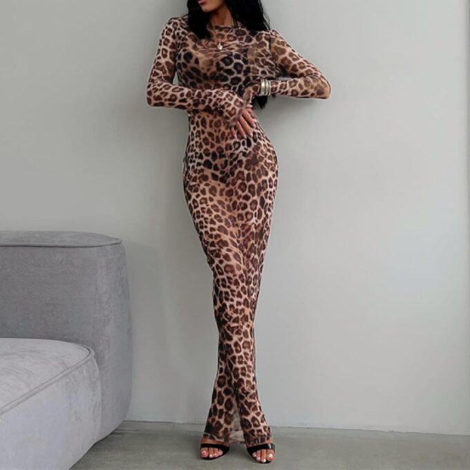 MINGSEECESS Women Sexy See Through Leopard Print Long Sleeve Mock Neck Bodycon Cover Up Party Club Maxi Dress – Bild 2