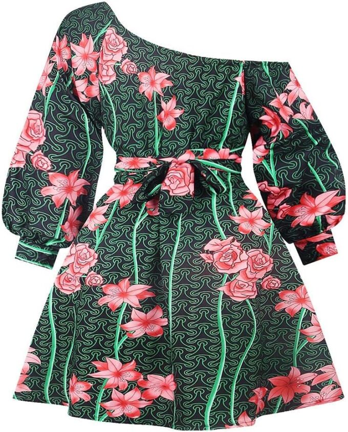 Vimoisa Women Sexy Boho African Short Dress One Shoulder Oblique Neck Dress Pleated Dress Floral Print Long Sleeve Top – Bild 6