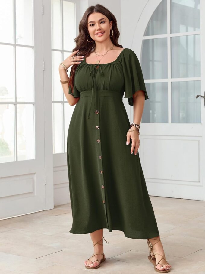 Plus Size Summer Dress Short Sleeve Square Neck Tie Front Smocked Button Down Flowy A-line Boho Maxi Long Dresses – Bild 4