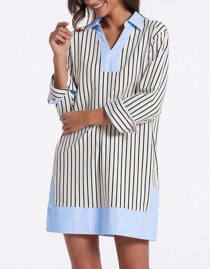 Kedera Women's Summer Striped Dress Long Sleeve V Neck Collared Shirt Mini Dresses 2025 Trendy with Side Slit – Bild 2