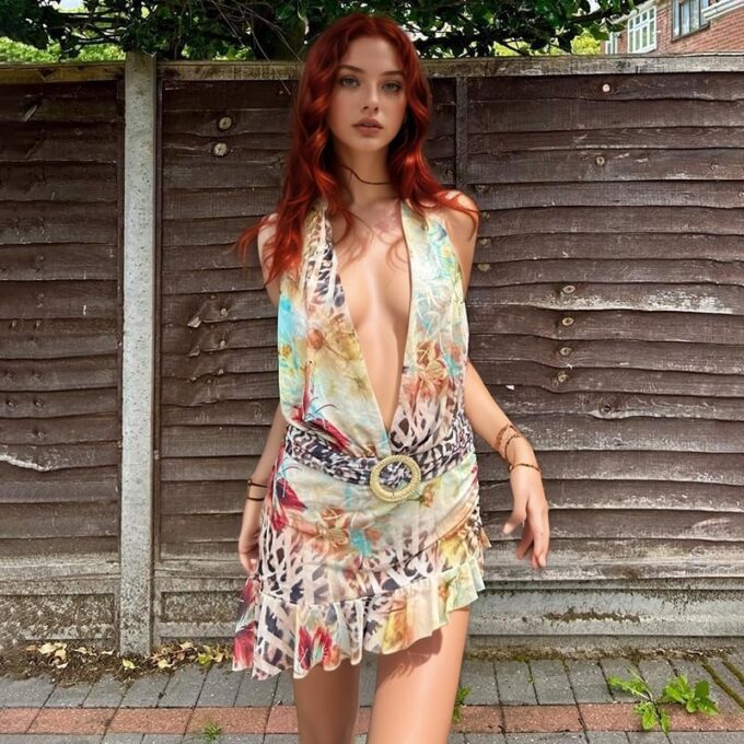 Women's Sexy Deep V-Neck Belt Halter Neck Backless Irregular Printed Skirt Sex Dress Summer Sex Dress Summer – Bild 2